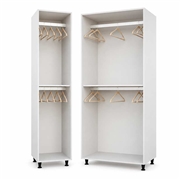 Made-to-measure double hanging fitted wardrobes with two clothes rails, central shelves and adjustable legs