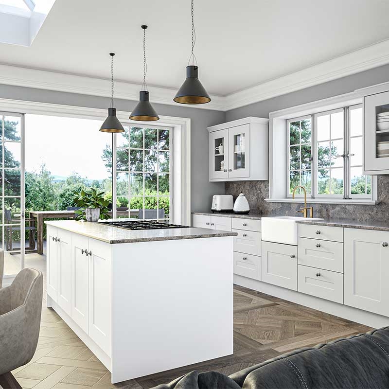 Carrick Shaker Kitchen Doors Fitted in Supermatt Light Grey