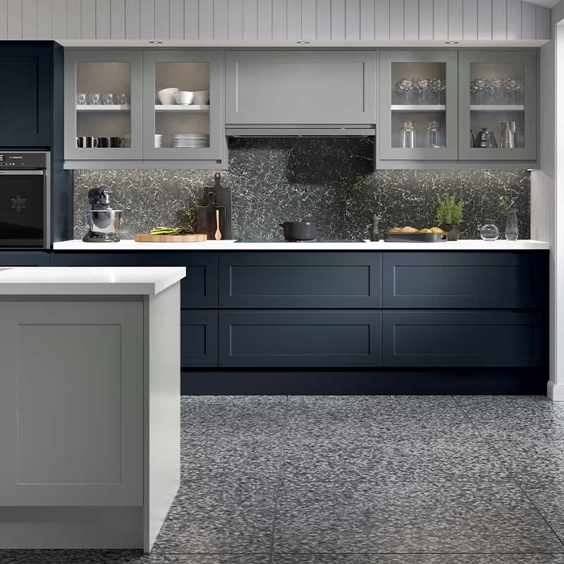 Elland Fitted Kitchen Finished in Light Grey and Indigo Blue